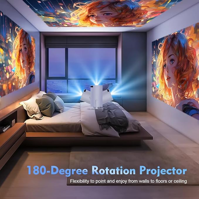 Modern bedroom with ceiling and wall projections of anime-style art, featuring a 180-degree rotation projector.