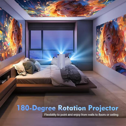 Modern bedroom with ceiling and wall projections of anime-style art, featuring a 180-degree rotation projector.