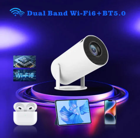 White cylindrical camera with wireless earbuds, tablet, and smartphone on a dark blue background with Wi-Fi and Bluetooth icons.