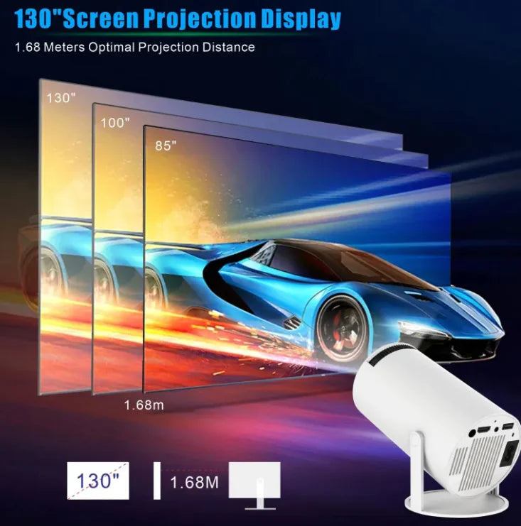 Projector displaying a car on a screen with text about screen projection distance.